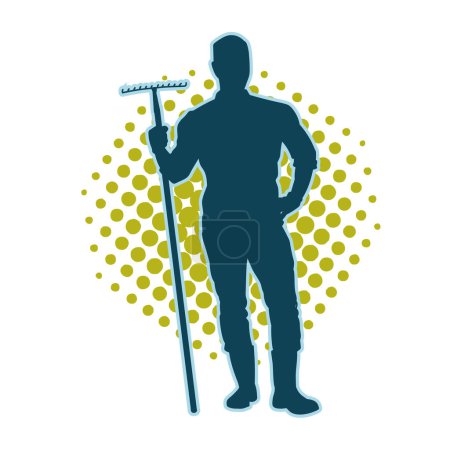 Silueta de un trabajador masculino que lleva tenedor de jardín o herramienta de tenedor de tierra