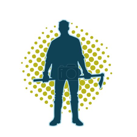 Silhouette of a male worker carrying long shaft axe tool