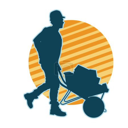 Silhouette of a male worker pushing a wheelbarrow tool. Silhouette of a construction worker pushing a handtruck tool.