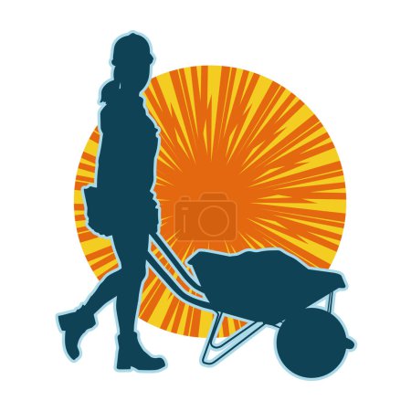 Silhouette of a female worker pushing a wheelbarrow tool. Silhouette of a woman worker pushing a handtruck tool