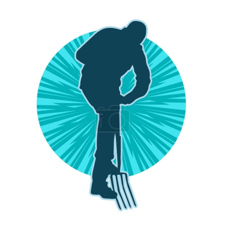 Silhouette of a male worker carrying garden fork or ground fork tool