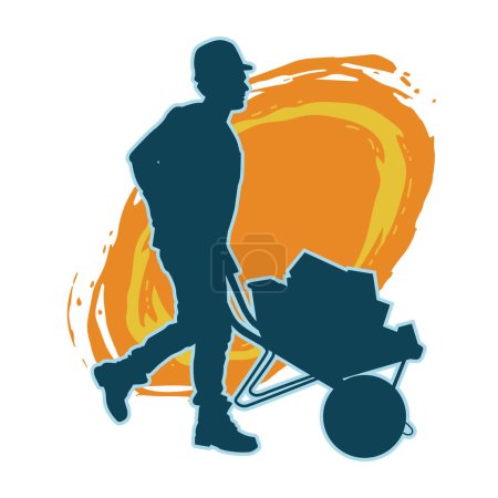 Silhouette of a male worker pushing a wheelbarrow tool. Silhouette of a construction worker pushing a handtruck tool.