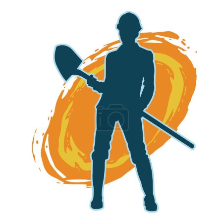 Silhouette of a female wearing worker costume in action pose with shovel tool.