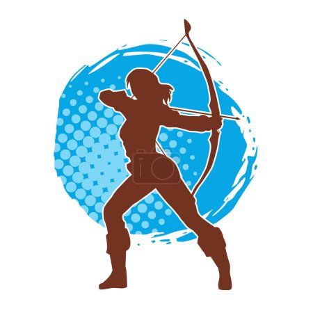 Silhouette einer Bogenschützin in Aktion posiert mit Pfeil und Bogen.
