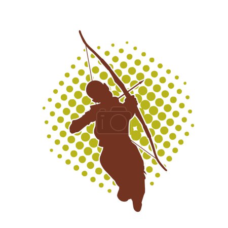 Ilustración de Silueta de una luchadora arquera en acción posar con su flecha y arco. - Imagen libre de derechos