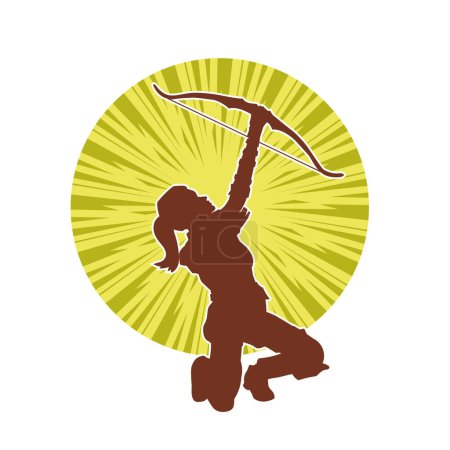 Silueta de una luchadora arquera en acción posar con su flecha y arco.
