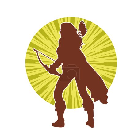 Ilustración de Silueta de una luchadora arquera en acción posar con su flecha y arco. - Imagen libre de derechos