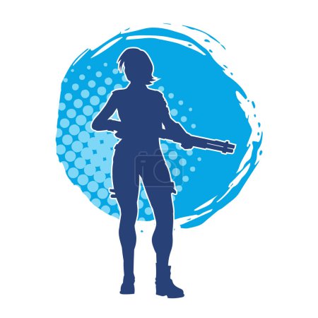Silhouette of a female warrior carrying long barrel riffle weapon. Silhouette of a woman  fighter in action pose carrying firearm