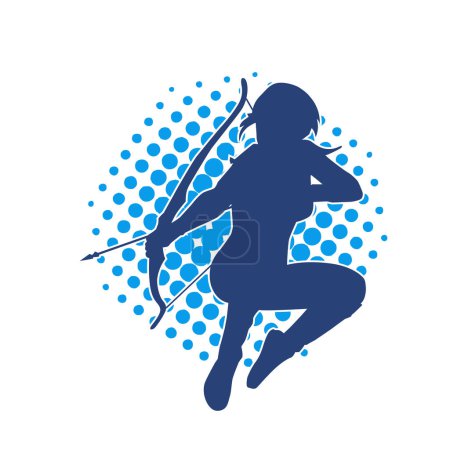 Silhouette of a female archer fighter in action pose with her arrow and bow.