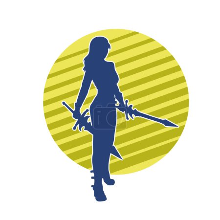 Silhouette of a female fighter in action pose carrying sword weapon.