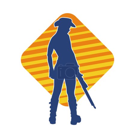 Silhouette of a woman warrior wearing cowgirl costume carrying long barrel riffle gun weapon