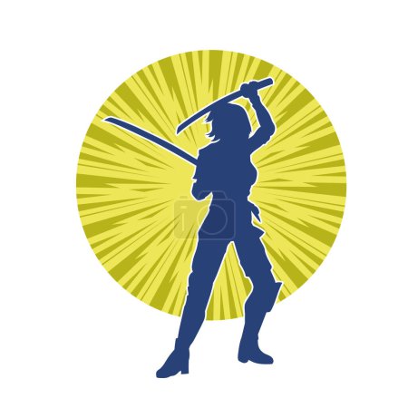 Ilustración de Silueta de una luchadora en acción posan portando arma de espada. - Imagen libre de derechos