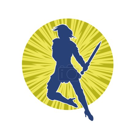Silhouette of a female fighter in action pose carrying sword weapon.