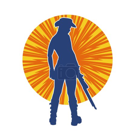 Silhouette of a woman warrior wearing cowgirl costume carrying long barrel riffle gun weapon