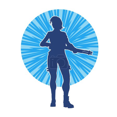 Silhouette of a female warrior carrying long barrel riffle weapon. Silhouette of a woman  fighter in action pose carrying firearm