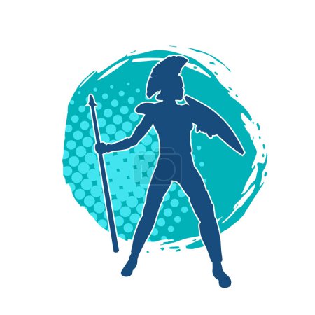 Silhouette of a female warrior wearing armor carrying spear weapon and iron shield in action pose.