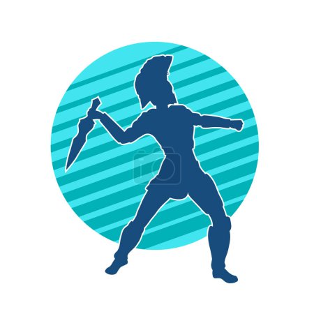 Illustration for Silhouette of a female warrior in armor costume in action pose carrying sword weapon - Royalty Free Image