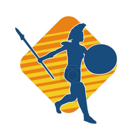 Silhouette d'une guerrière portant une armure portant une arme de lance et un bouclier de fer en action pose.