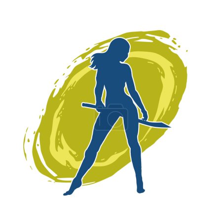 Silhouette einer Kriegerin in Action-Pose mit Schwertwaffe. Silhouette einer Kämpferin mit ihrer Schwertwaffe.
