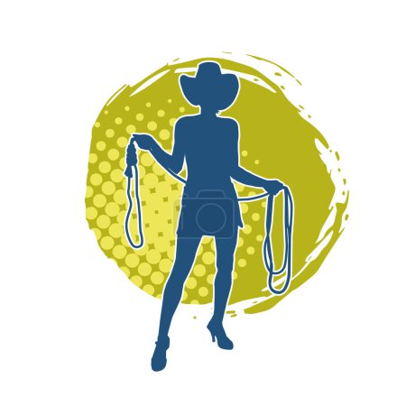 Silhouette of a female cowgirl wearing cowboy hat. Silhouette of a cowgirl in action pose carrying lasso rope.