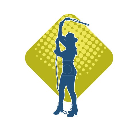 Silhouette of a female cowgirl wearing cowboy hat. Silhouette of a cowgirl in action pose carrying lasso rope.