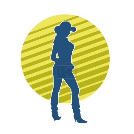 Silhouette eines schlanken weiblichen Modells im Cowgirl-Kostüm in attraktiver Pose. Silhouette eines Cowgirl-Modells im Stehen.