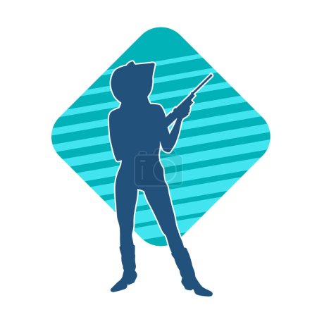 Silhouette of a female wearing cowgirl costume in pose carrying riffle gun weapon. Silhouette of a cowgirl carrying long barrel firearm.