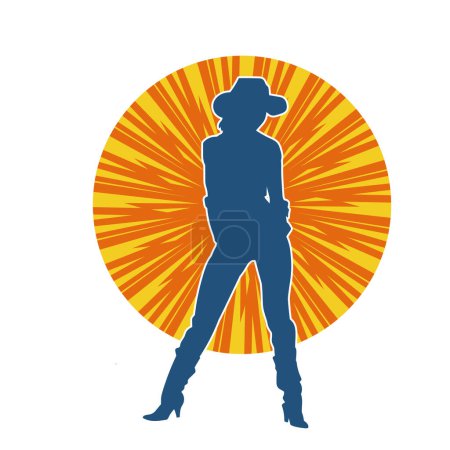 Silhouette eines schlanken weiblichen Modells im Cowgirl-Kostüm in attraktiver Pose. Silhouette eines Cowgirl-Modells im Stehen.