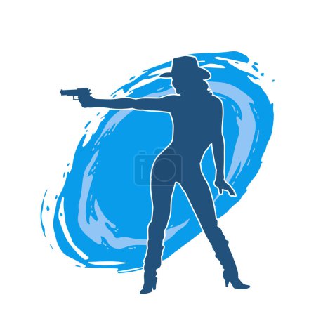 Silhouette eines schlanken weiblichen Modells im Cowgirl-Kostüm mit Pistole Waffe. Silhouette eines Cowgirls in Action-Pose mit Handfeuerwaffe 