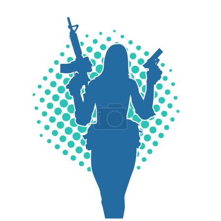 Silhouette of female warrior carrying machine gun weapon. 