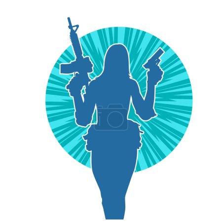 Silhouette of female warrior carrying machine gun weapon. 
