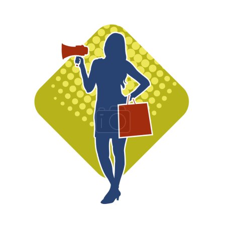 Silhouette einer schlanken Frau, die eine Einkaufstasche trägt und per Megafon ruft. Silhouette einer Werbebotschafterin. 
