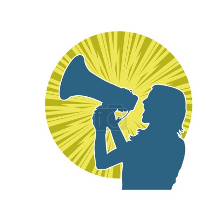 silueta de una mujer gritando en megáfono altavoz. silueta de una mujer haciendo promoción gritar