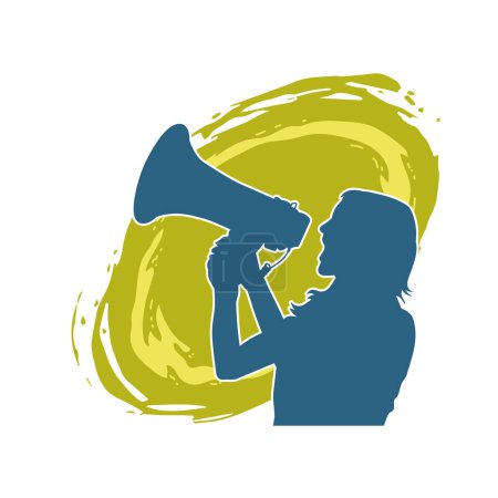 silueta de una mujer gritando en megáfono altavoz. silueta de una mujer haciendo promoción gritar