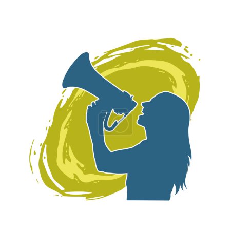 silhouette of a woman yelling on megaphone speaker. silhouette of a female doing promotion shout out