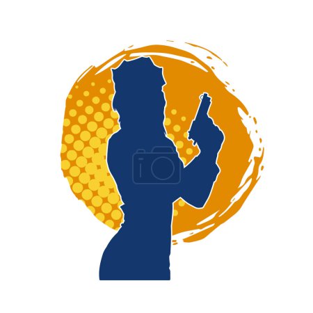Silhouette of a slim female wearing police officer costume in action pose with hand gun weapon