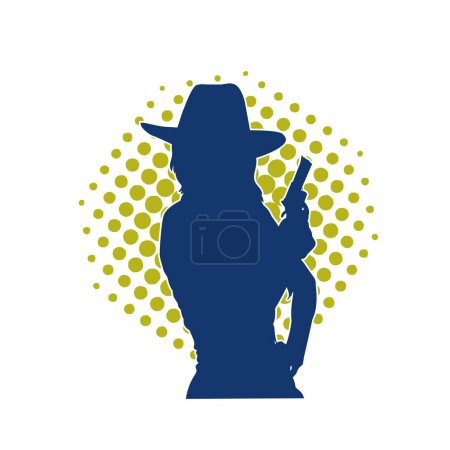 Illustration for Silhouette of a cowgirl holding a handgun. silhouette of a woman sheriff holding pistol weapon. - Royalty Free Image