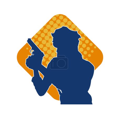 Silhouette of a slim female wearing police officer costume in action pose with hand gun weapon