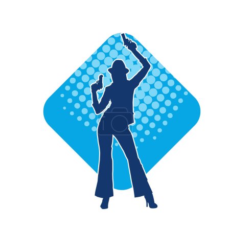 Silhouette of a slim female model wearing long pants and fedora hat in action pose with hand gun weapon.