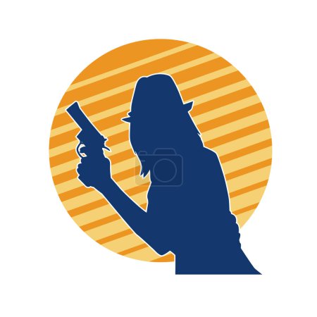 Silhouette of a slim female model wearing long pants and fedora hat in action pose with hand gun weapon.