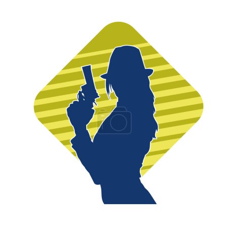 Silhouette eines schlanken weiblichen Modells mit langer Hose und Fedora-Hut in Action-Pose mit Handfeuerwaffe.