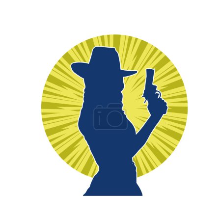 Illustration for Silhouette of a cowgirl holding a handgun. silhouette of a woman sheriff holding pistol weapon. - Royalty Free Image