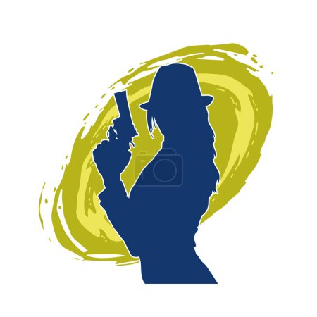 Silhouette eines schlanken weiblichen Modells mit langer Hose und Fedora-Hut in Action-Pose mit Handfeuerwaffe.