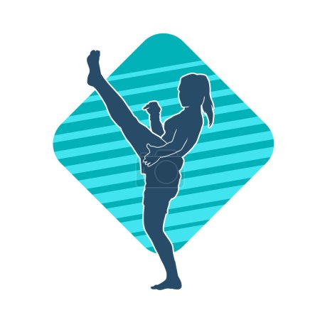 Silhouette d'une athlète de kickboxer en action. Silhouette d'une femme sportive faisant la pose de coups de pied.