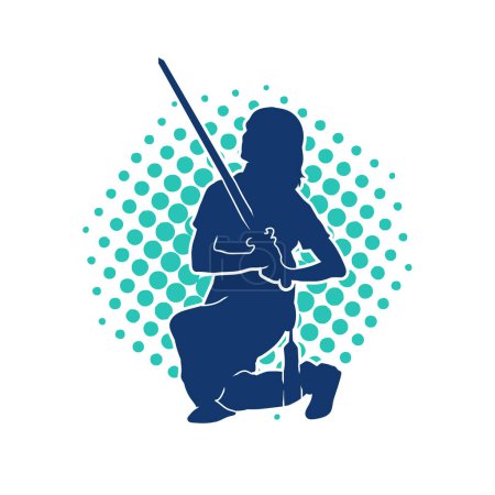 Ilustración de Silueta de una guerrera en acción pose con arma de espada. silueta de una mujer heroína con su espada. - Imagen libre de derechos