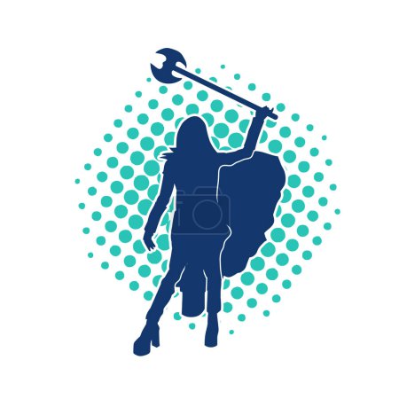 Silhouette of a female warrior wearing cape in action pose carrying war axe weapon.