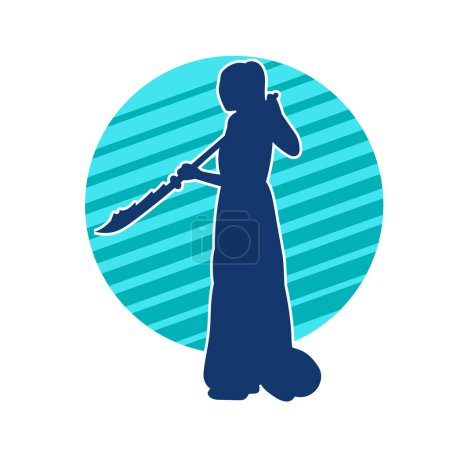 Silhouette of a female warrior in action pose with polearm fauchard weapon