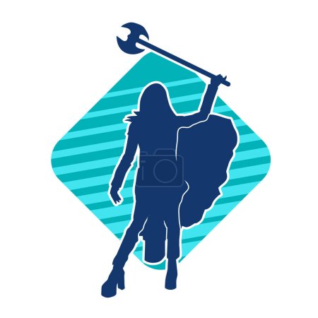 Silhouette of a female warrior wearing cape in action pose carrying war axe weapon.