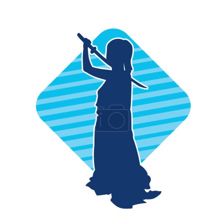 Ilustración de Silueta de una guerrera en acción pose con arma de espada. silueta de una mujer heroína con su espada. - Imagen libre de derechos