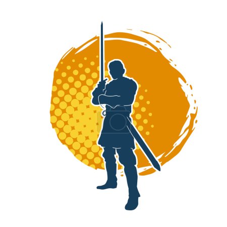 Silhouette of a knight warrior in war armor costume holding sword blade weapon. Silhouette of a medieval paladin soldier carrying sword weapon.